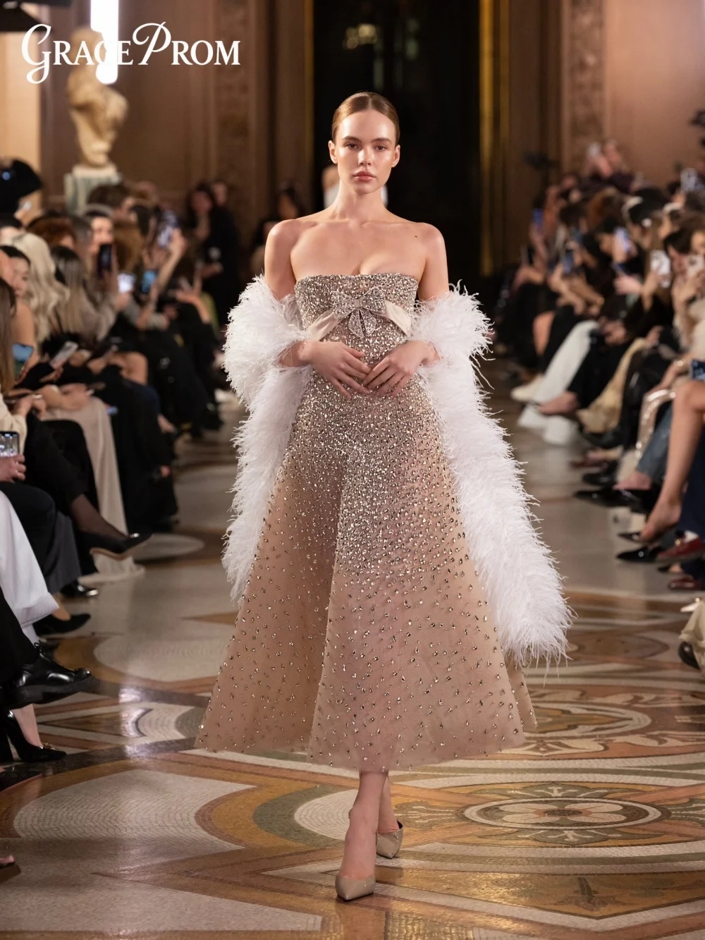 

Elegant Strapless Prom Dress Romantic Midi Sequin Evening Gown Bow Detail Feather Sleeves Formal Party Dress Vestidos De Noche