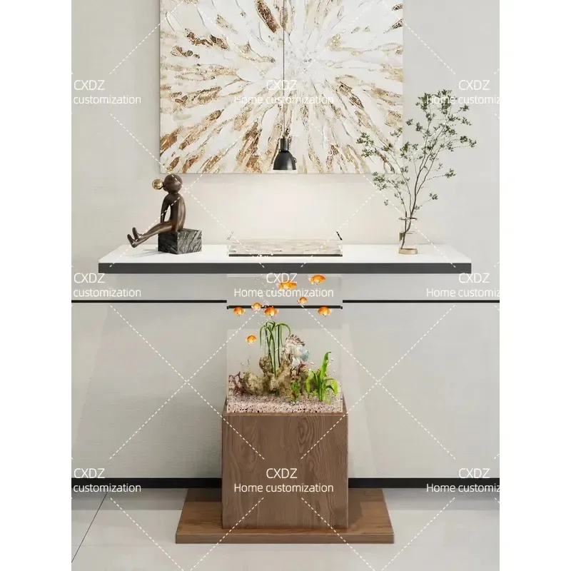 Simple Modern Entrance Table Wall Mounted Suspended Rock Slab Console with Strip Lighting High End Entryway Cabinet for Fish