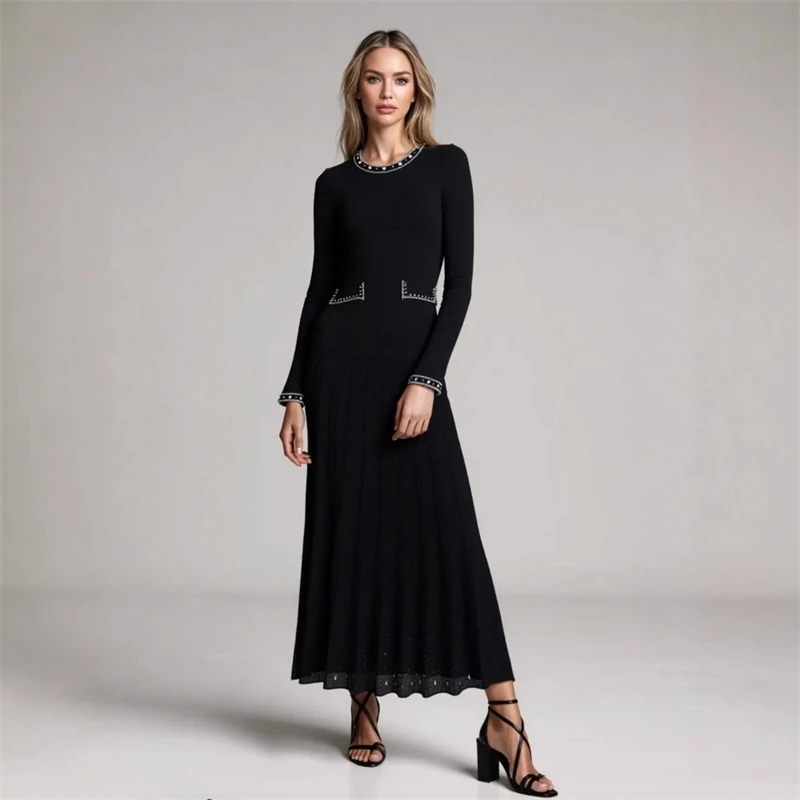 

Вязаное платье с круглым вырезом и длинными рукавами из бисера для женщин, элегантное осеннее офисное вечернее платье для свидания и ночи, повседневное шикарное модное платье