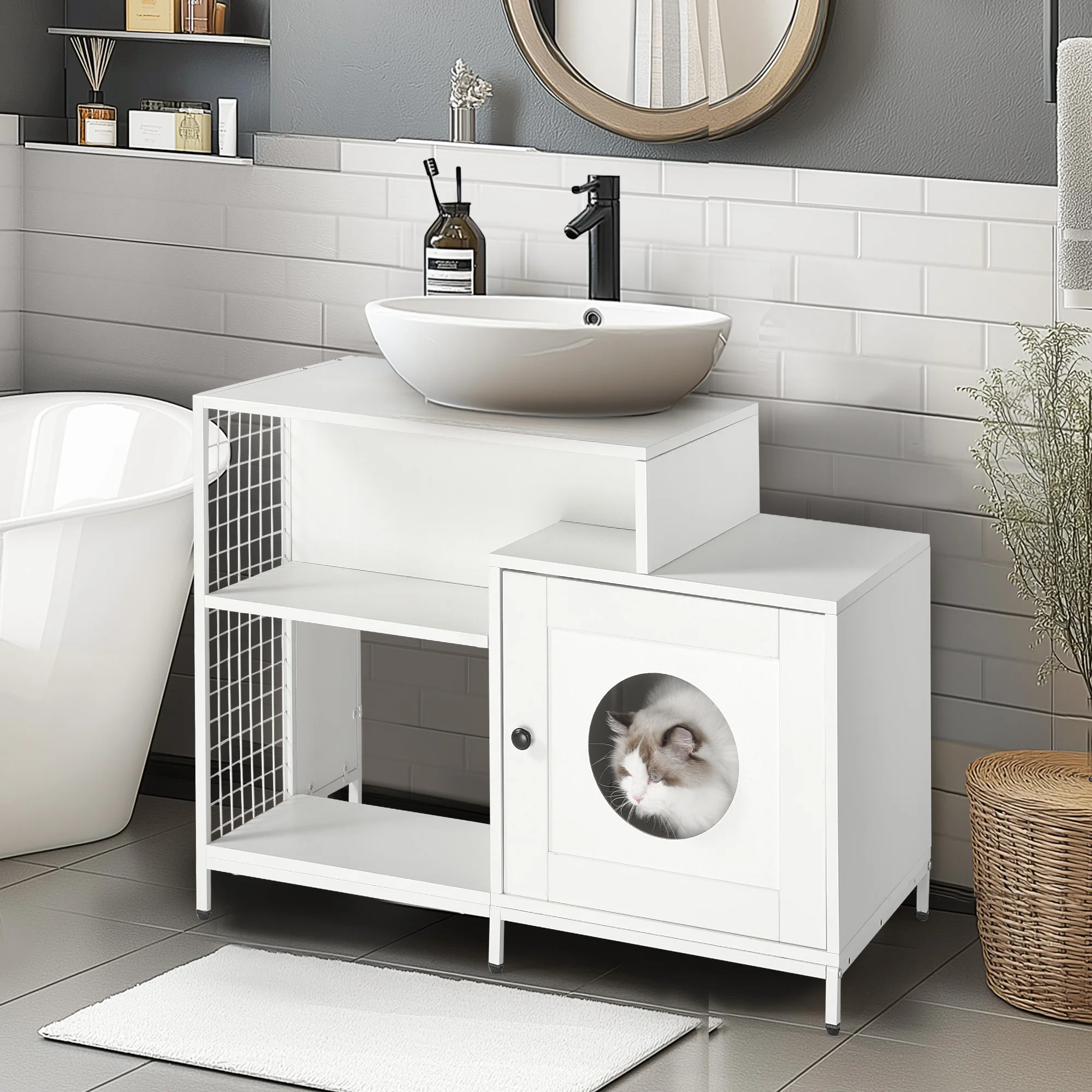 

Hidden Cat Litter Box Enclosure for Bathroom Indoor Pet Washroom with Divider White Large Cat House