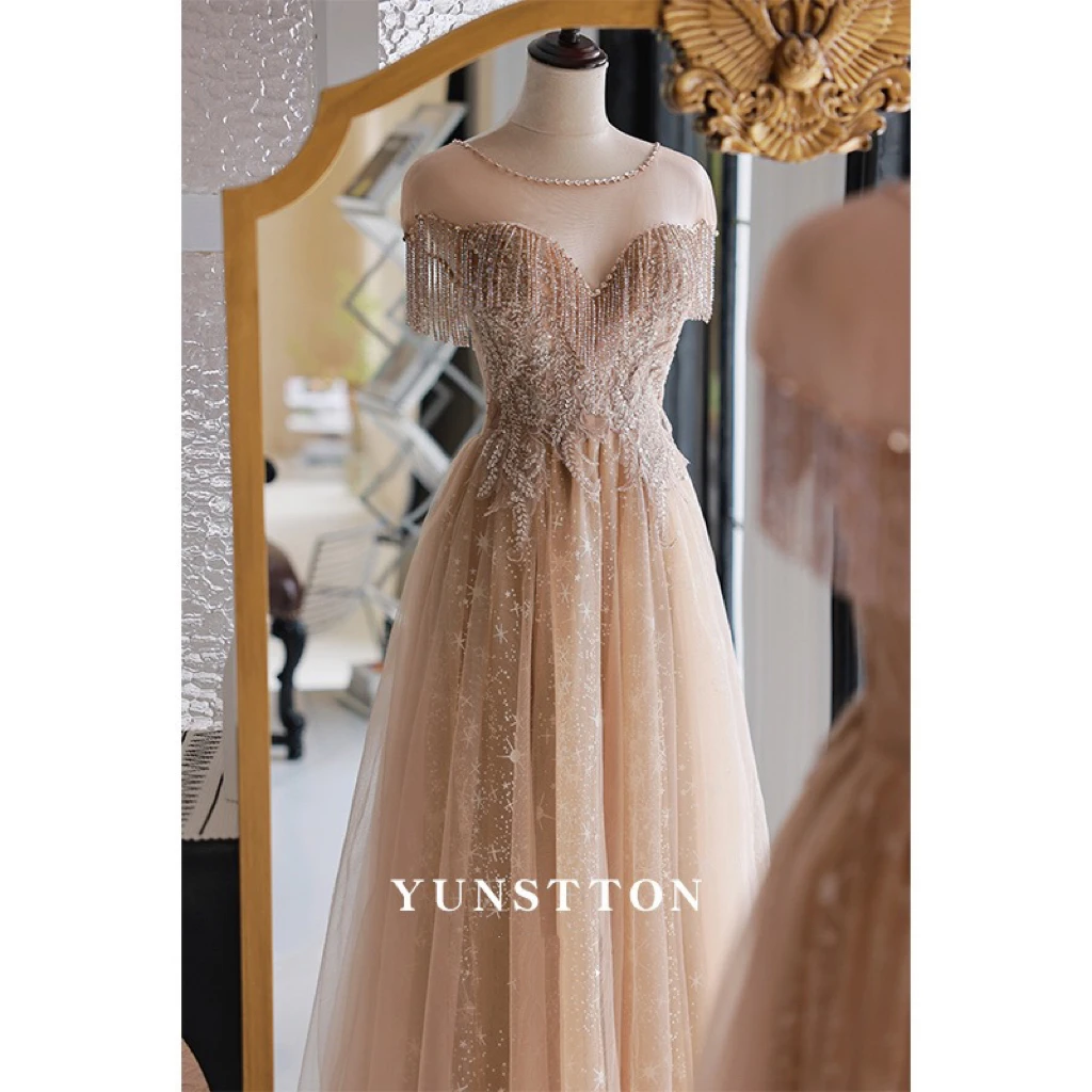 

Khaki Cocktail Dresses O-neck Sequins Tassel Applique Wedding Party Bride Toast Sexy Evening Long Luxury Prom Gowns Quinceanera