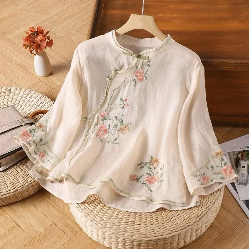 Baumwolle Leinen Vintage Damen hemd Sommer Stickerei Blusen im chinesischen Stil Trend lose Kleidung Verkauf kurze Damen Tops