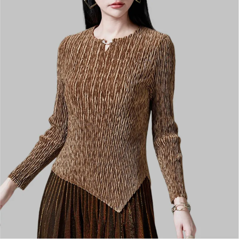 Women Top Velvet Long Sleeves Autumn and Winter New Stretch Miyake Pleated Slim Fashion T-shirt