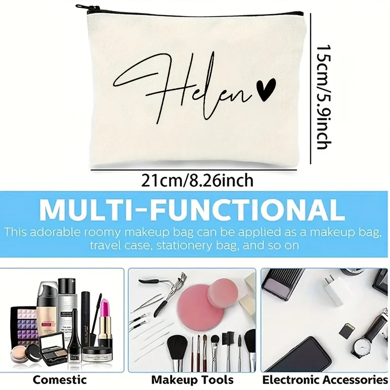 Personalized Makeup Bag - Custom Name Cosmetic Pouch with Heart Symbol, Lightweight Polyester Zippered Travel Organizer
