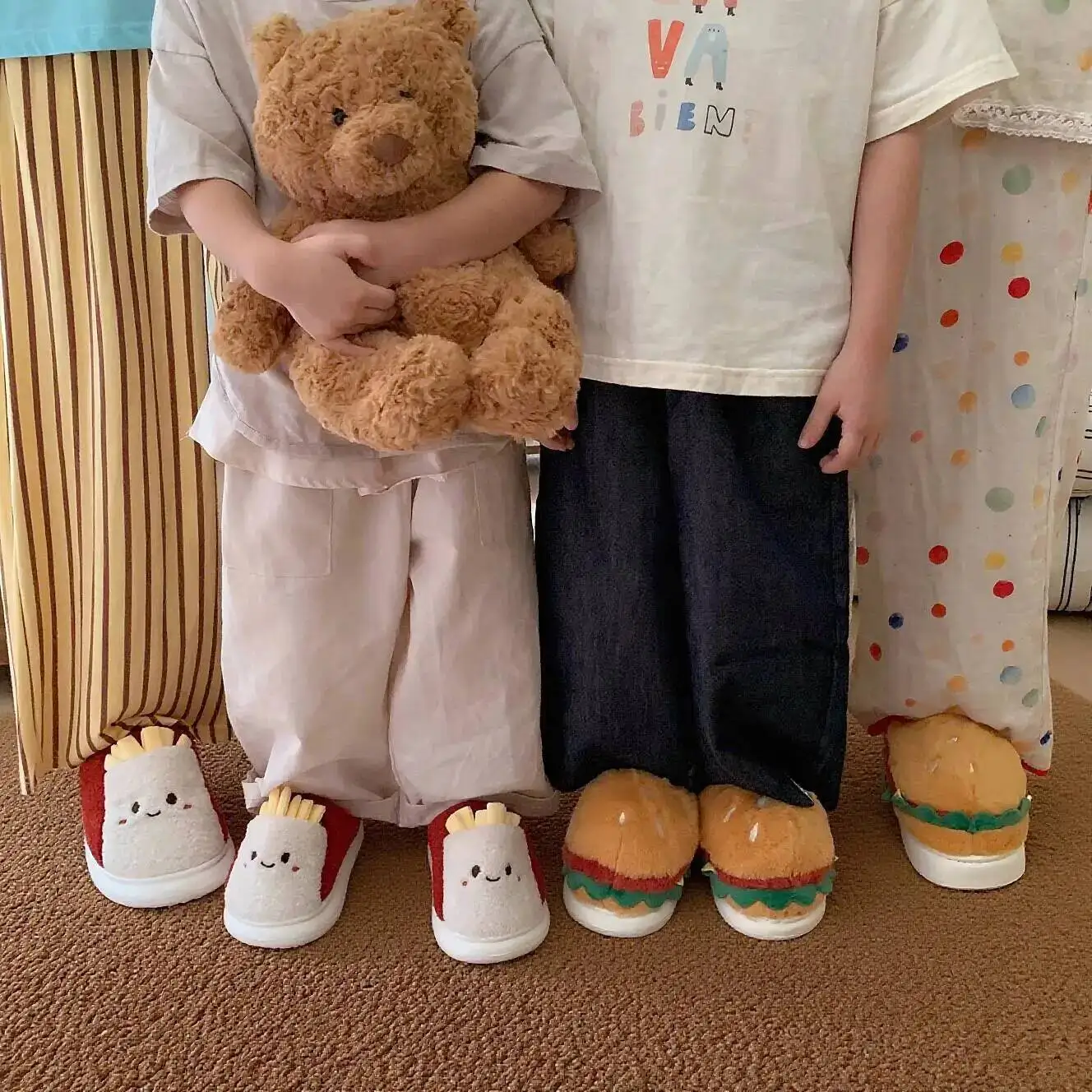 

Мужские и женские домашние тапочки, хлопковые тапочки унисекс, зимние милые тапочки с гамбургером и картофелем фри, теплые нескользящие домашние тапочки