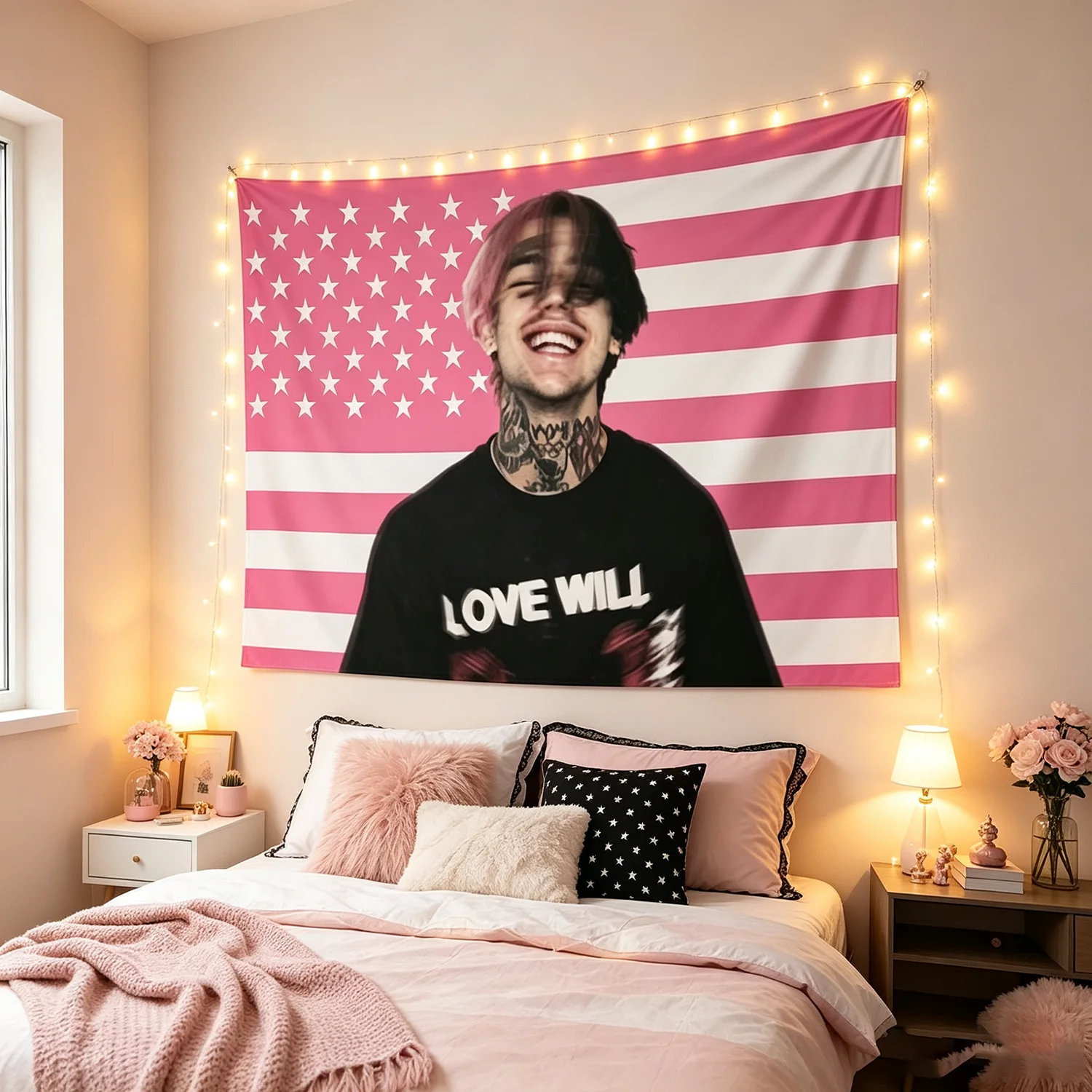 Pink American Flag Tapestry, Rapper Portrait Wall Hanging Tapestry, Emo Rap Aesthetic Wall Decor for Bedroom Dorm Room