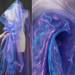 Blue Purple Gradient Water Gloss Organza Fabric Thin Soft Diy Headdress Background Clothing Designer for Sewing Material Cloth