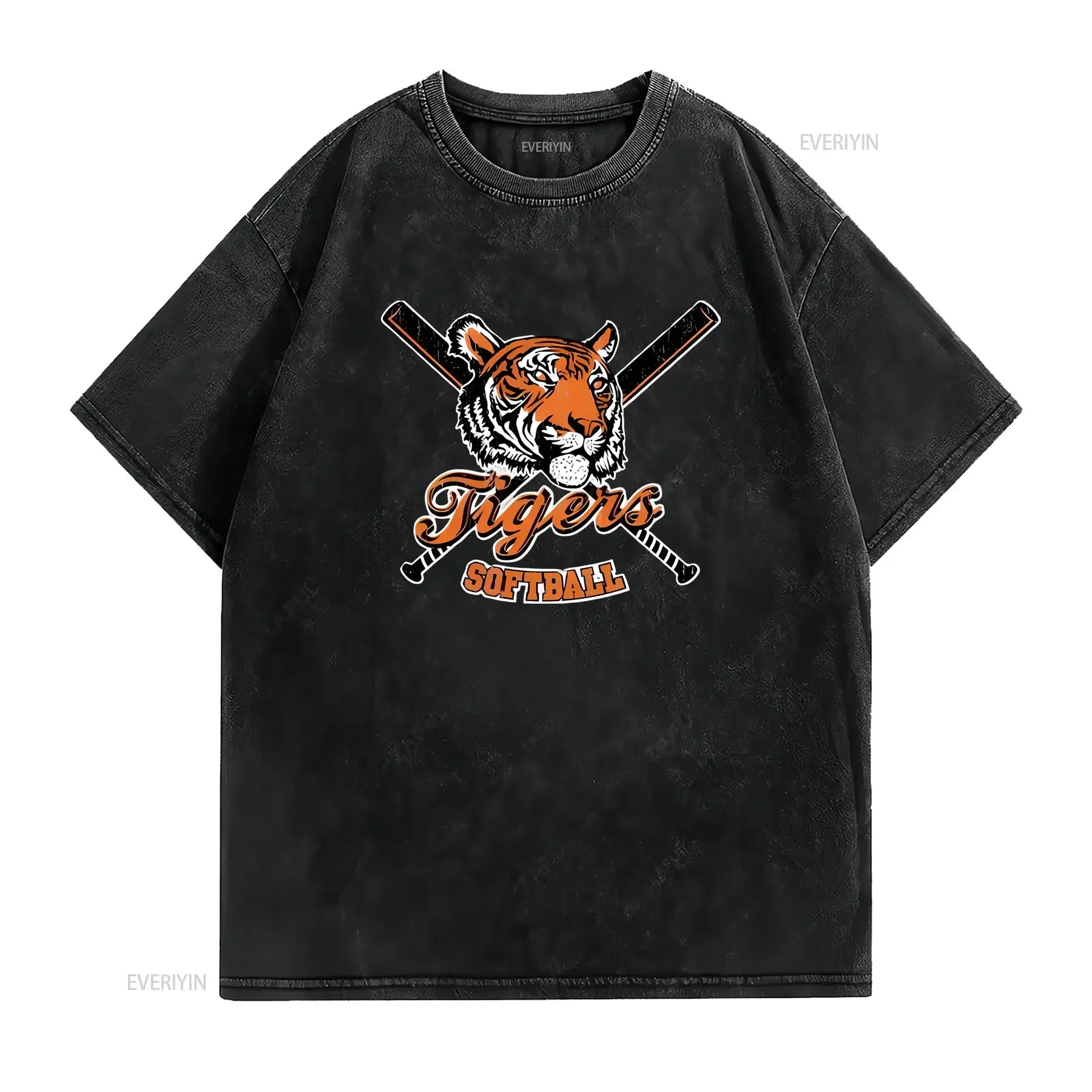 TIGERS SOFTBALL American Retro Womens Crew Neck T Shirt Black vintage Washed Slightly fashion streetwear Comfortable Versatile