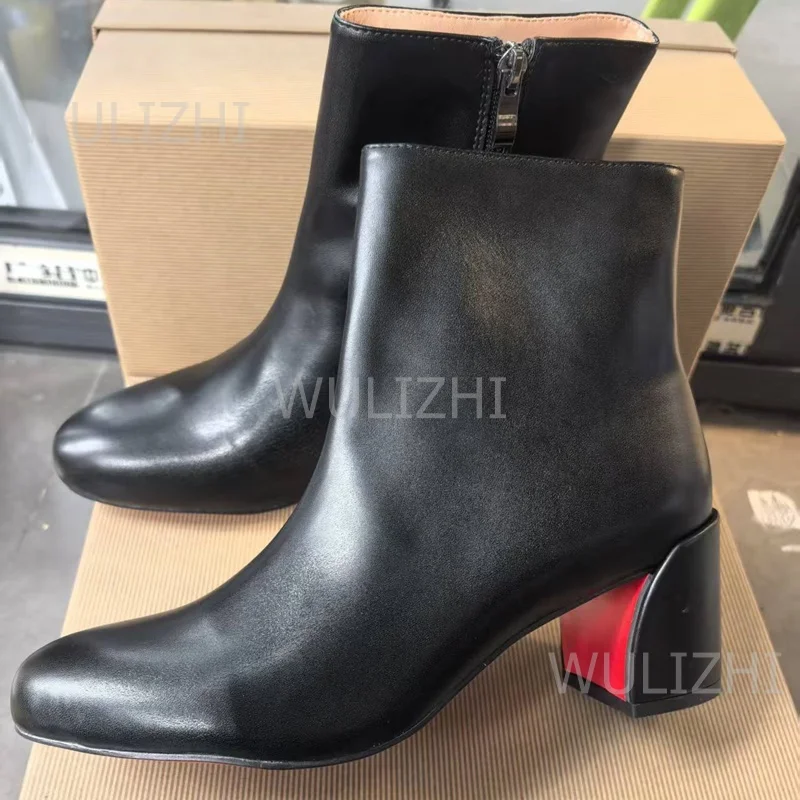 

Red Chunky Heel Black Low-Cut Leather Ankle Boots Women Simple British Casual Round Toe Zipper Concise Booties Office Lady Shoes