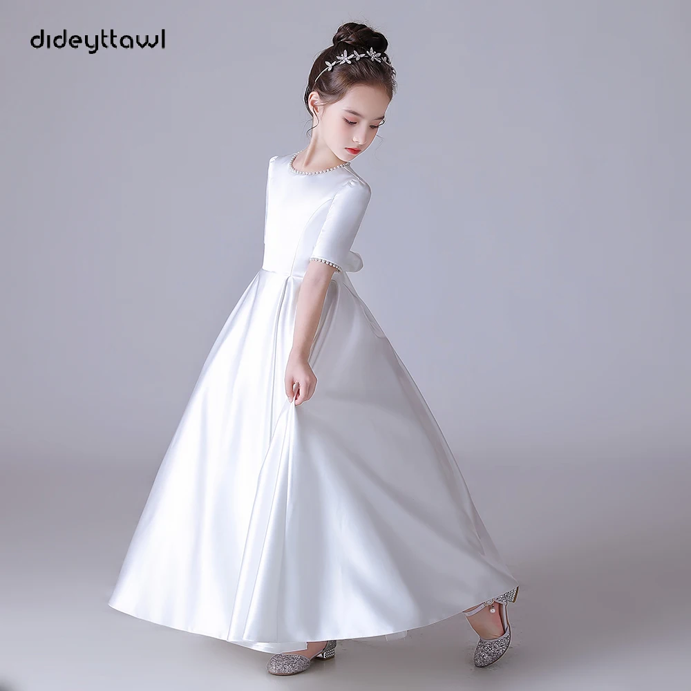 Dideyttawl Maßgeschneidertes Satin-Perlen-Elegantes Mädchen-Erstkommunionkleid, Konzert, Hochzeit, Party, kurze Ärmel, Junior-Brautjungfernkleid