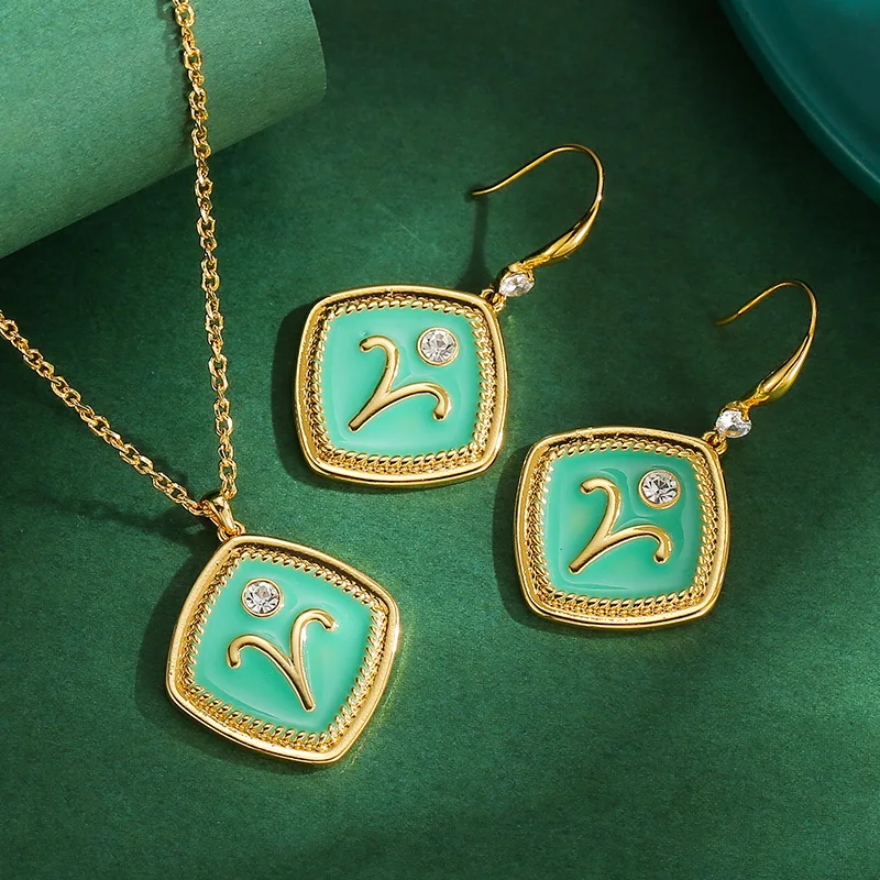 

New Arrival Design Fashion Hand-painted Enamel Green Geometric Shapes Twelve Constellations Aries Pendant Necklace Earring Sets