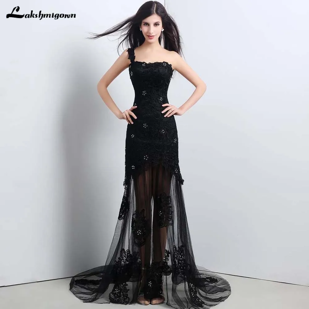 Elegantes schwarzes langes transparentes Hochzeits kleid für Frauen Spitze Tüll Applikation ärmellose schlanke Brautjungfer formelle Party Ballkleider