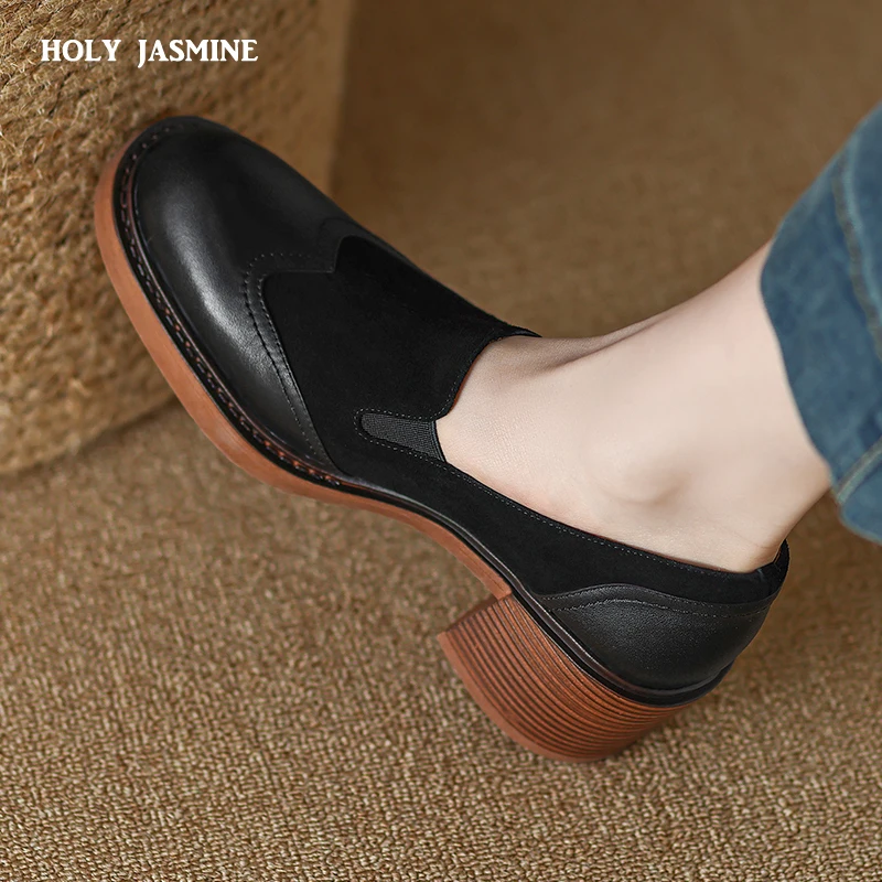 

2023 Fashion Women Pumps Dress Office Ladies Platforms Genuine Leather Thick High Heels Square Toe Shoes Woman Spring Size 34-40