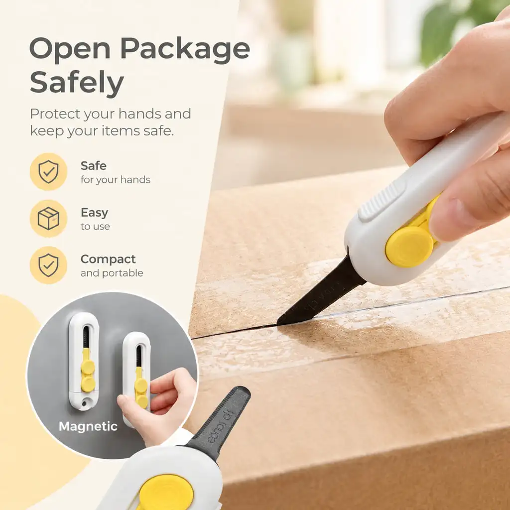 Magnetic Box Cutter Utility Knife with Retractable Blade Mini Letter Opener for Packages Office Home Storage Organization