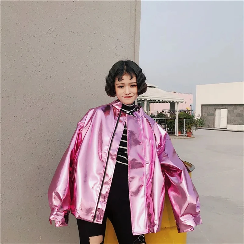 Flash Sale 2018 Autumn Women Street Loose Metal Color Silver Pink Stand Neck Coat Punk Party Fashion Jacket Limited Supply