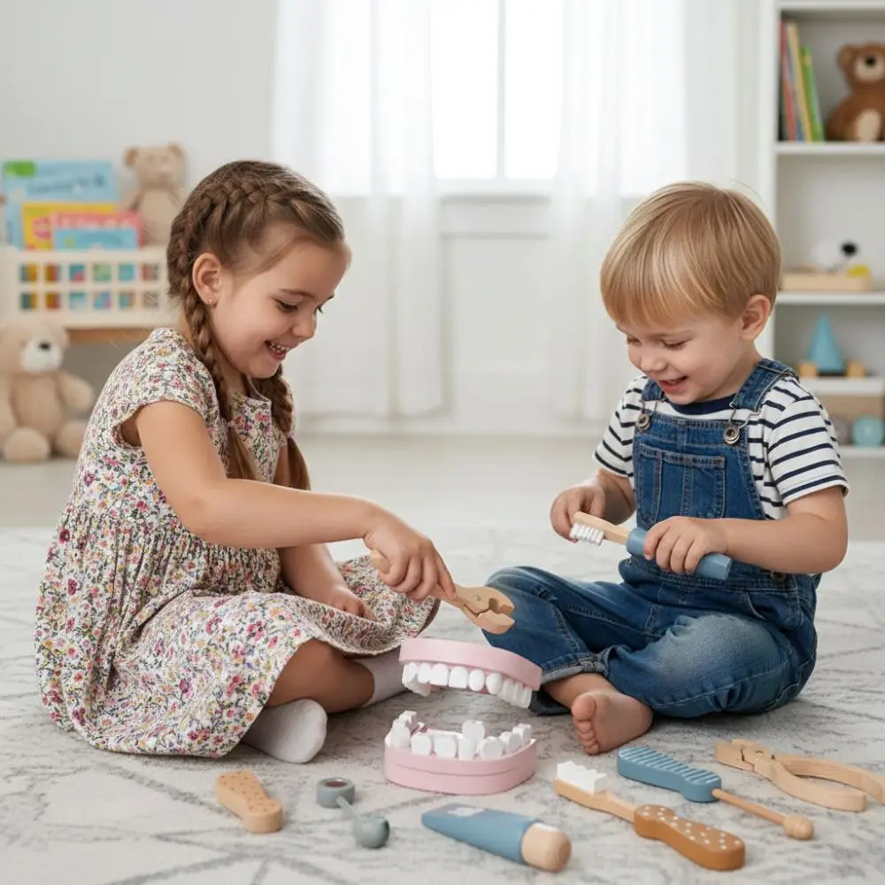 

6pcs/set Little Doctor Theme Wooden Doctor Playset Dentist Role Play Brush Teeth Tool Dental Playset Oral Care Play