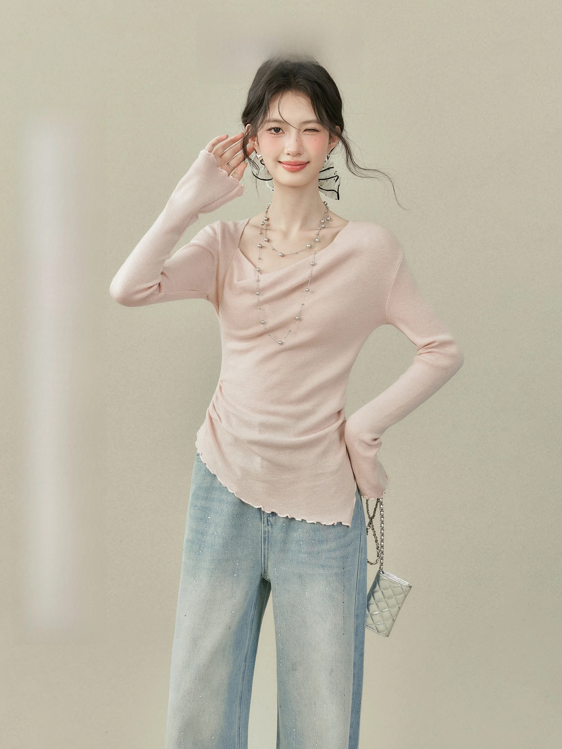 

Розовый вязаный длинный топ све с разрезом по подолу, повседневный облегающий топ V Ne Moisture ng, чистый цвет, осенняя новинка, женская мода