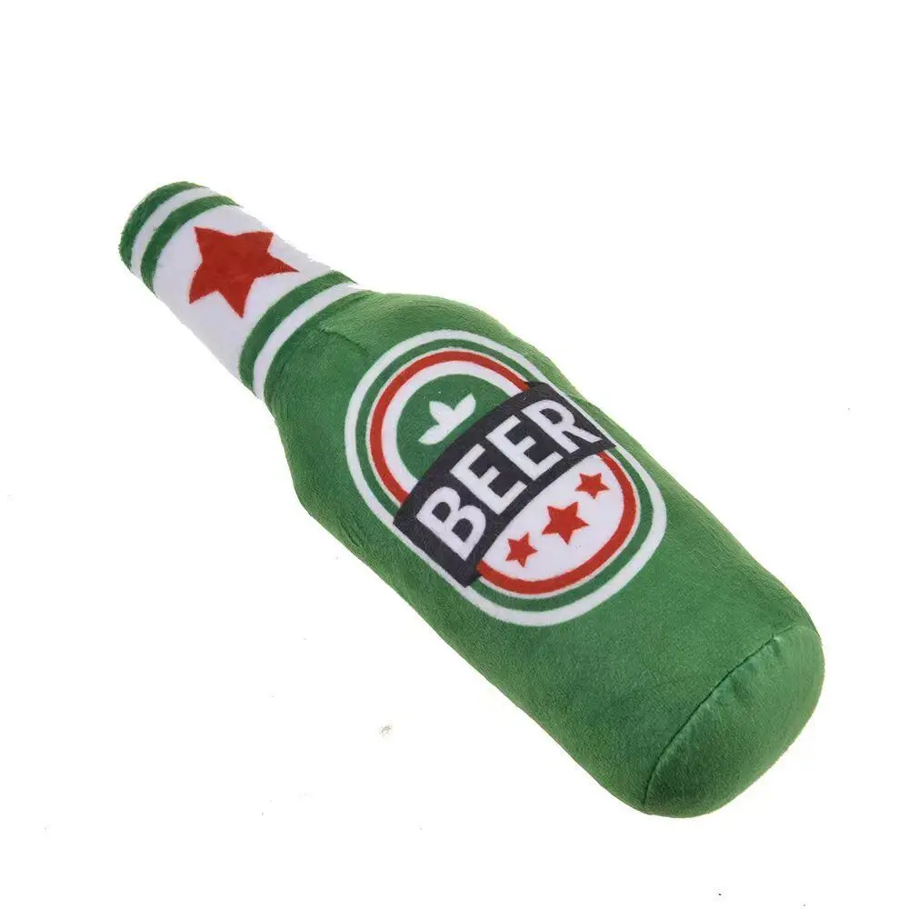 Patrón impreso relleno de felpa Vodka botella de whisky sonido chirriante juguete para perros mascota