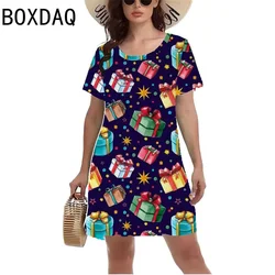 Damska sukienka świąteczna z krótkim rękawem O-Neck Casual A-Line Dress 3D Cartoon Santa Claus Christmas Tree Print Mini Dress Vestidos