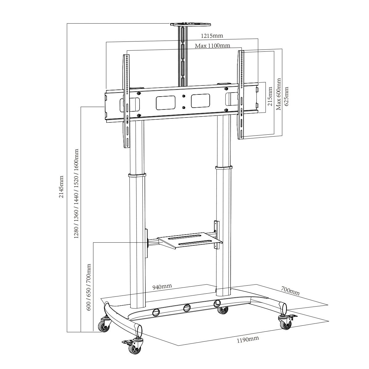 Height Adjustable Mobile TV Stand with Wheels Black TV Cart Rolling TV Stand Max VESA 1100 * 600mm