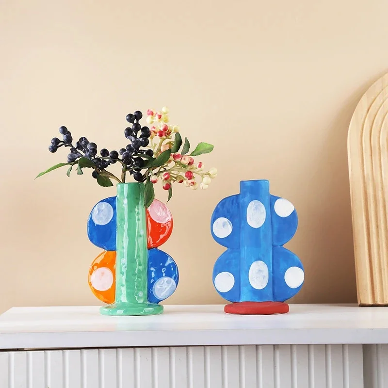 Hand Painted Polka Dot Irregular Ceramic Vase Cute Small Nordic Aesthetic Flower Vase For Desktop Living Room Home Decor Gift