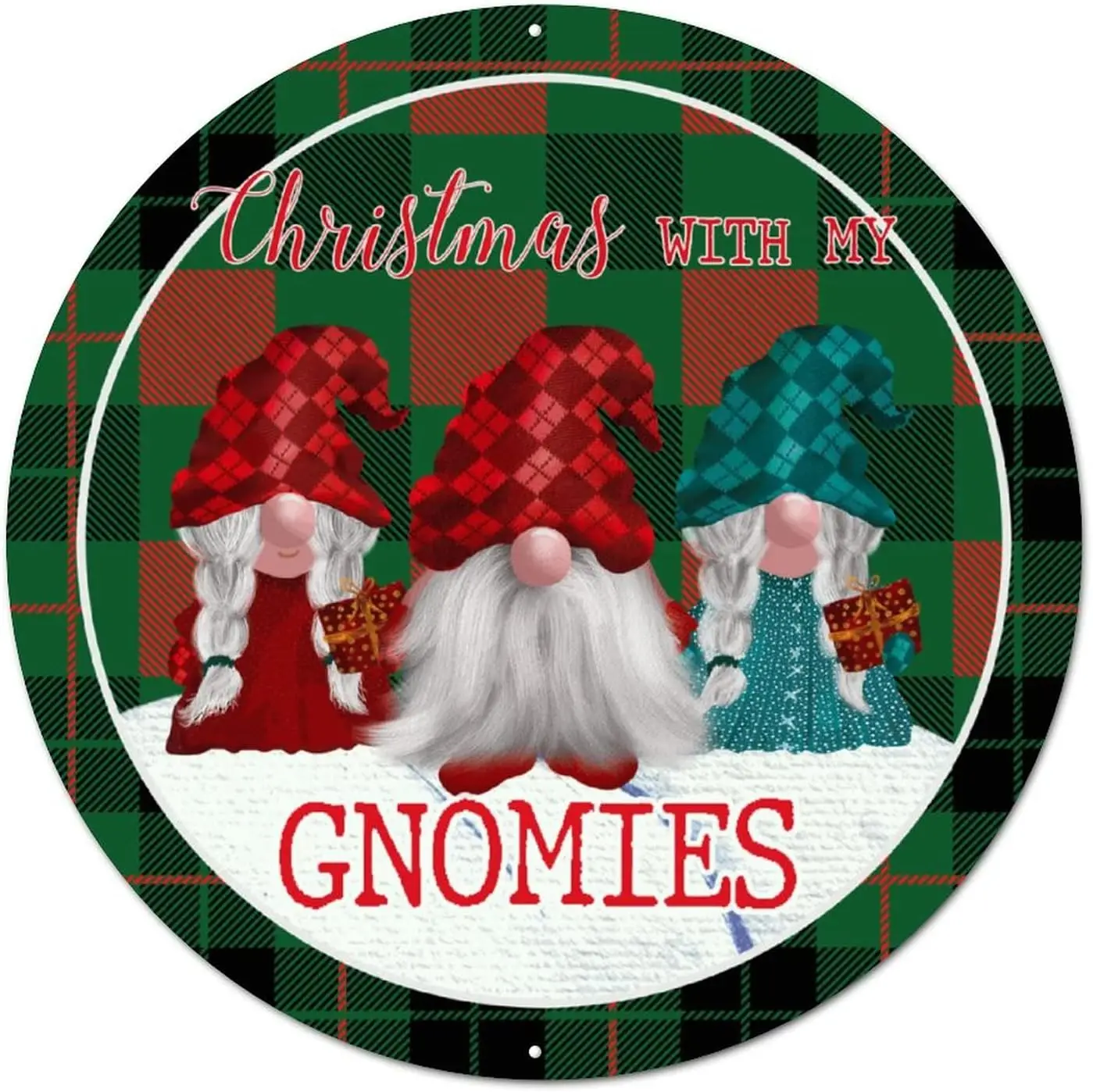 ArogGeld Welcome Sign for Wall Christmas with My Gnomies Round Metal Sign Green Buffalo Plaid Metal Tin Sign Christmas Letters 9