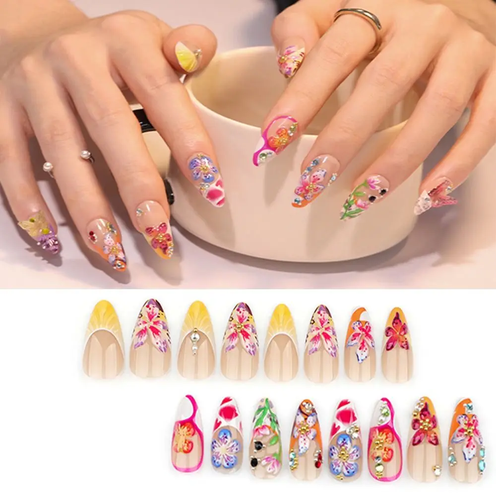24 Stück bunte falsche Nagelflicken, tropische Blumen, kreative Blumen, künstliche Nägel, vollständige Abdeckung, 3D-Mandelform, künstlicher Nagel