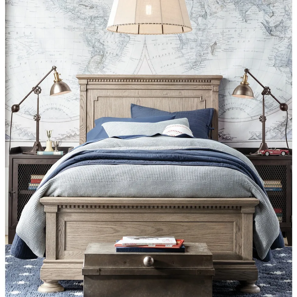 Retro children's solid wood bed antique gray oak single bed light luxury furniture