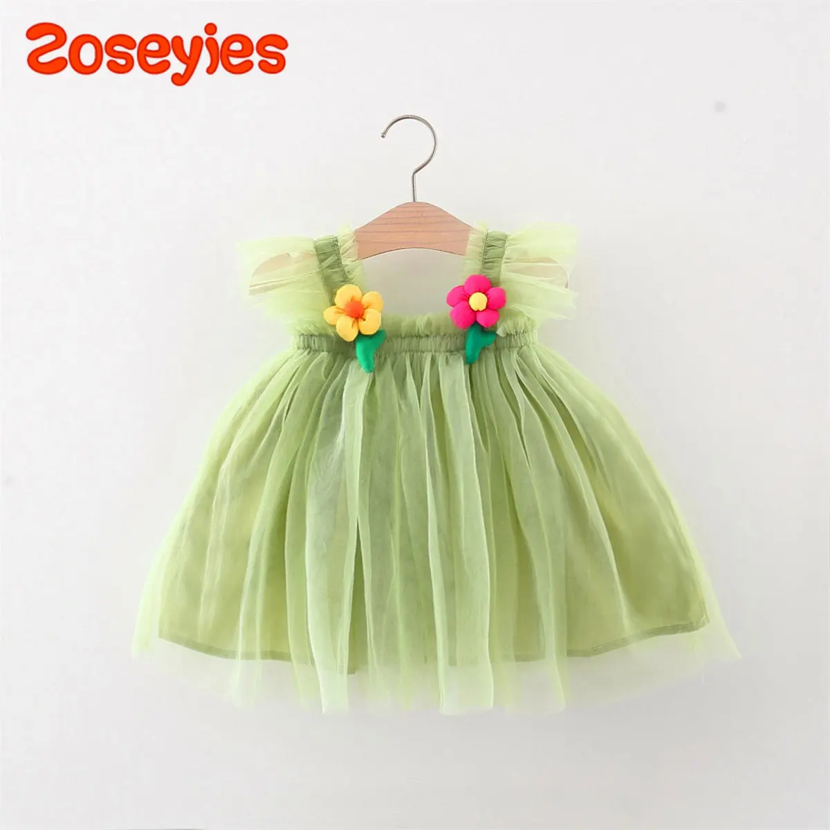 2023 Summer New Solid Mesh Flower Decorative Strap Party Princess Girls' Dress