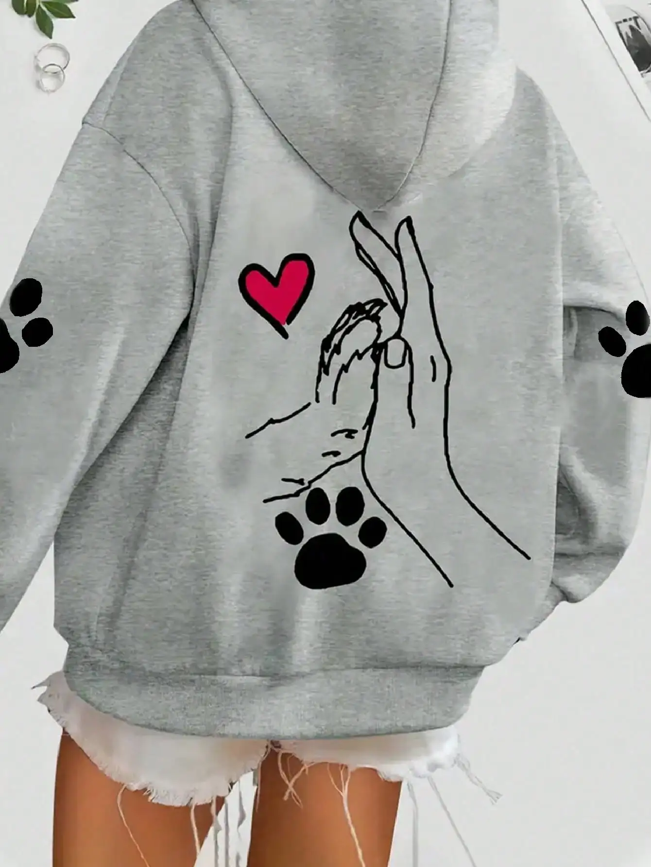 Lässiger und eleganter Damen-Hoodie aus Polyester mit Hundepfoten- und herzförmigen Abdrücken, Kapuzenpullover, Tiermuster – Detail 4