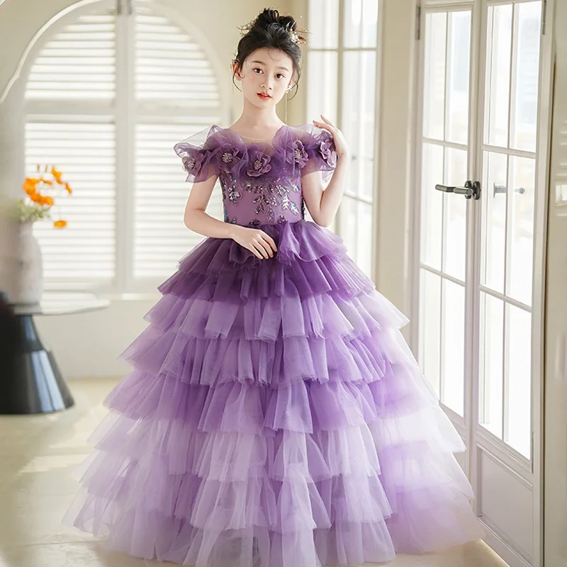 

New Gorgeous girls' one shoulder Formal Dresses purple children's hosting gradient princess birthday party evening Long dress