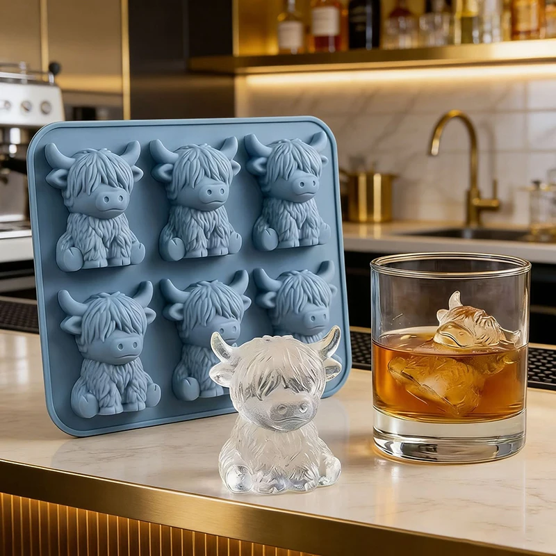 

3D Highland Cow Ice Silicone Mold With 6 Compartments For Diy Beef Ice Cubes Is Suitable For Home Kitchens, Bars And As A Tool