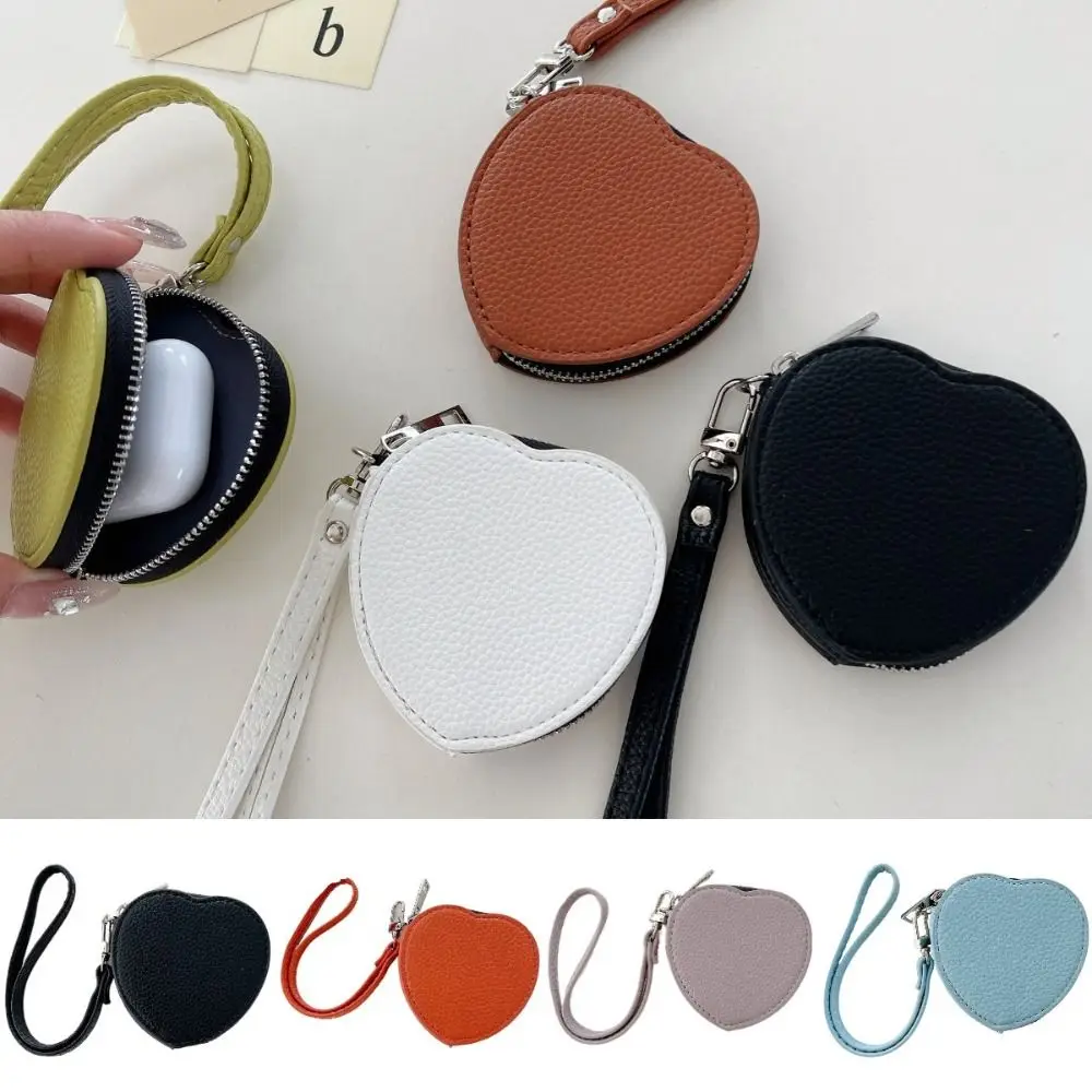 PU Leather Earphone Protective Case Lychee Pattern Portable Bluetooth Earphone Bag Sweet Korean Style Love Heart Key Bag Girls