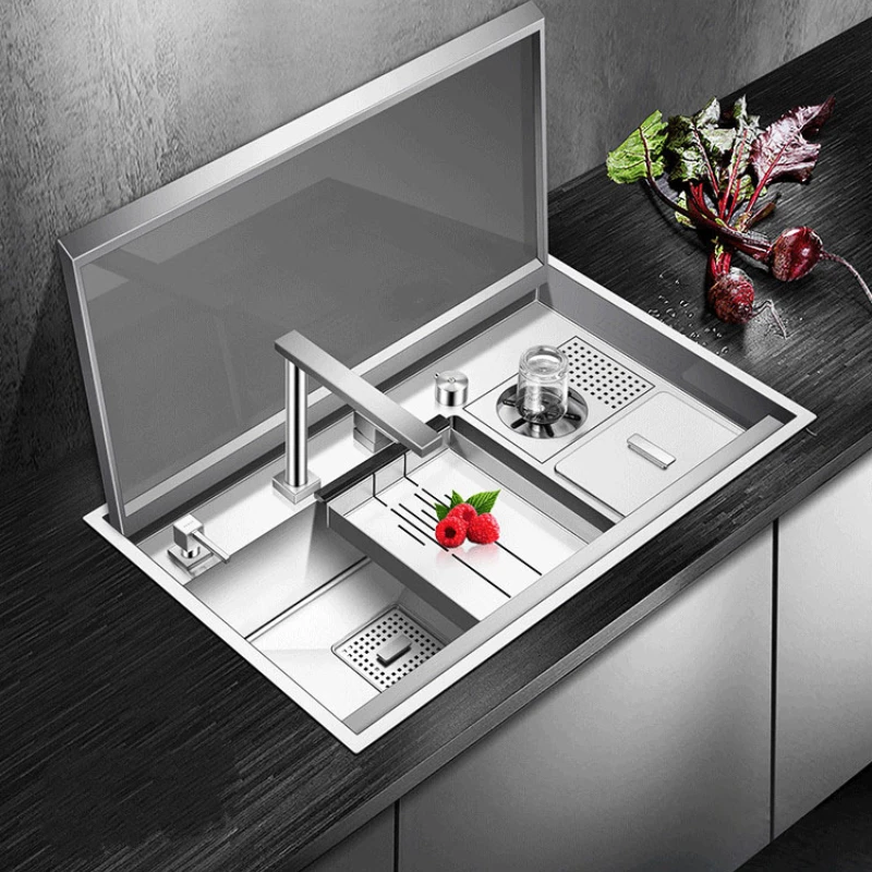 

High-quality hidden sink kitchen Sinks Cup Rinser nano Stainless Steel Handmade With Intelligent Flip Cover Lifting Faucet