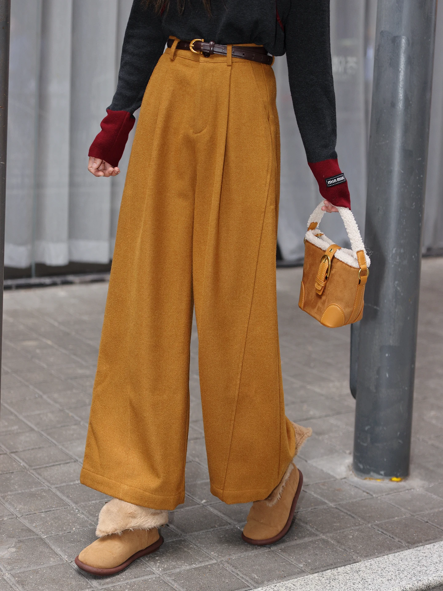 

Брюки с высокой талией и широкими штанинами, женские повседневные брюки с эффектом похудения, осень-зима, новое поступление, дизайн Miao Jiangjie