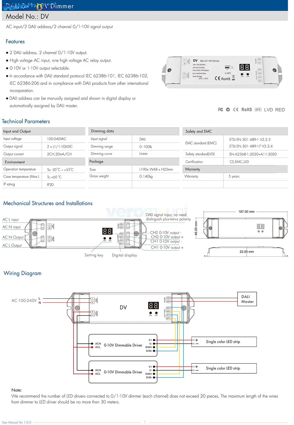 Skydance DV 100-240V AC 2 canais DALI 0-10V 1-10V Dimmer 2 conversor de endereço DALI 20mA/CH controlador de luz DALI