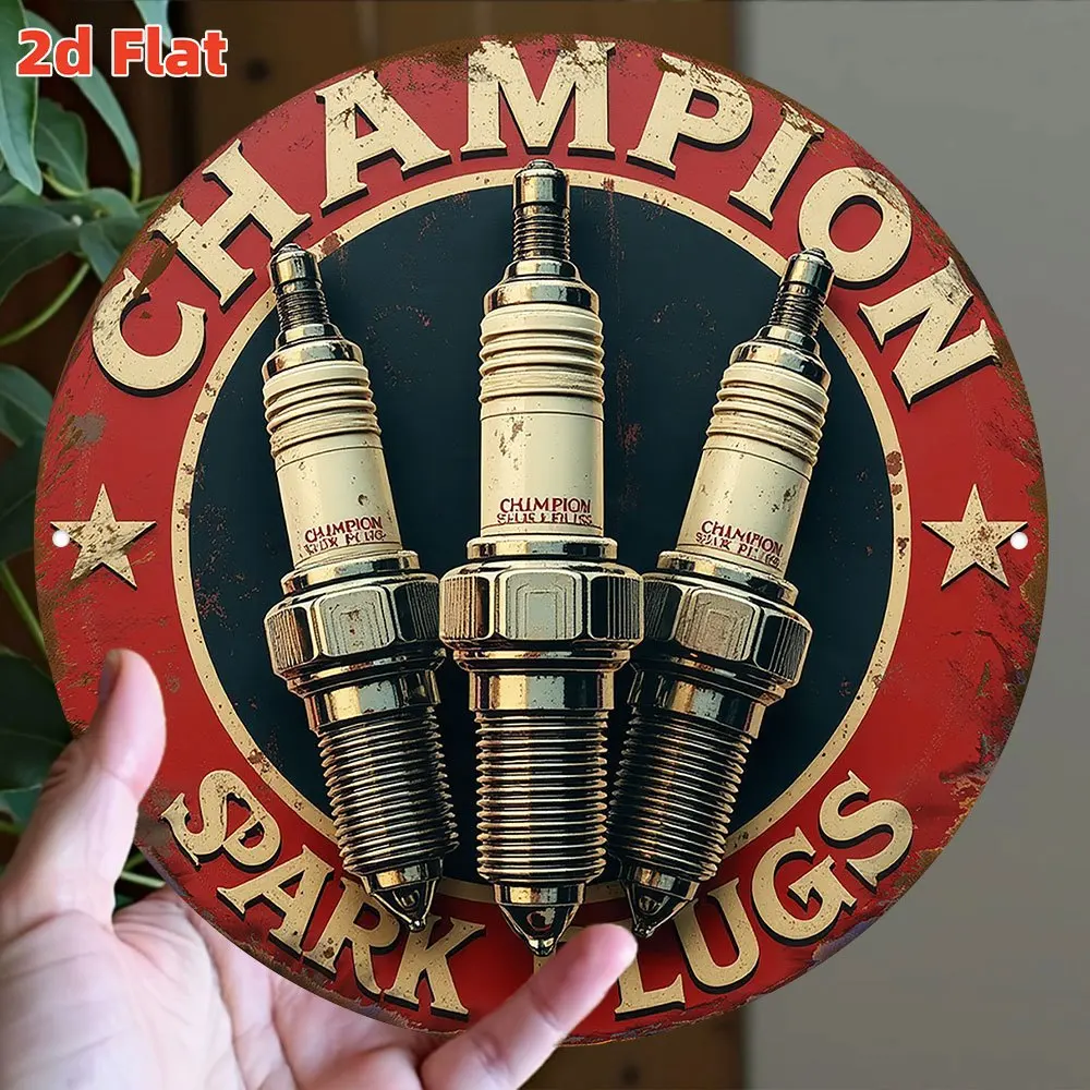Round Aluminum Metal Sign, Vintage Champion Spark Plugs Logo With Three Plugs Print Wall Decor Plaque for Man Cave Garage