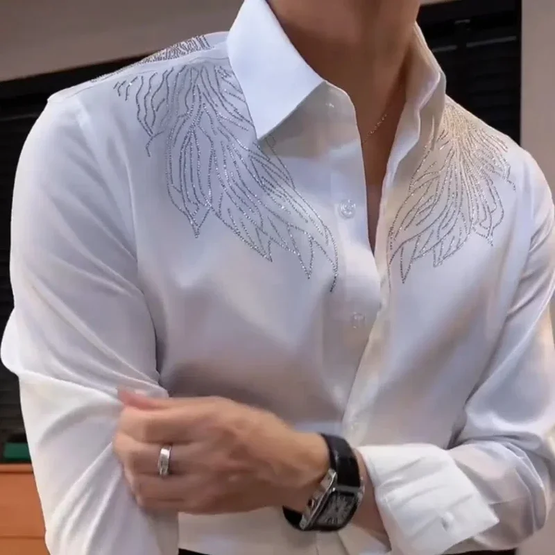 Spring Autumn Y2K Solid Diamond Shirts Men's Clothing Long Sleeve Loose Polo Neck Blouse All Match Fashion Cardigan Print Tops