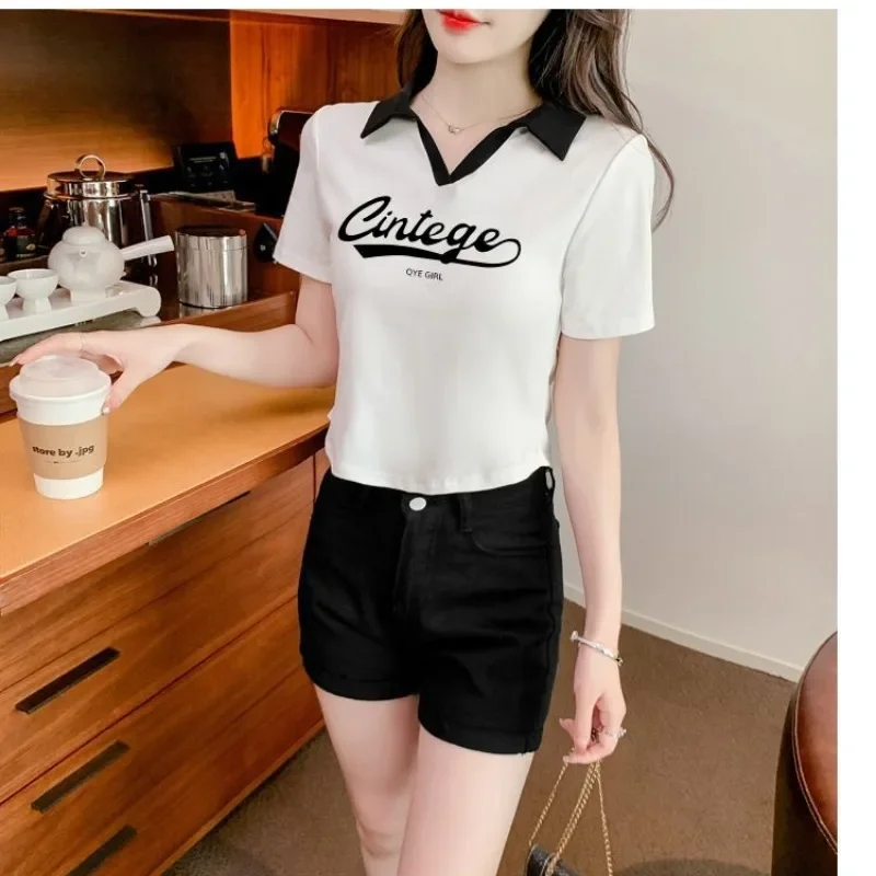 Summer Pullover Women's Clothing Short Sleeve Polo Tee Turn-down Collar Vintage Letter Printed Casual Fashion Sexy Crop Tops