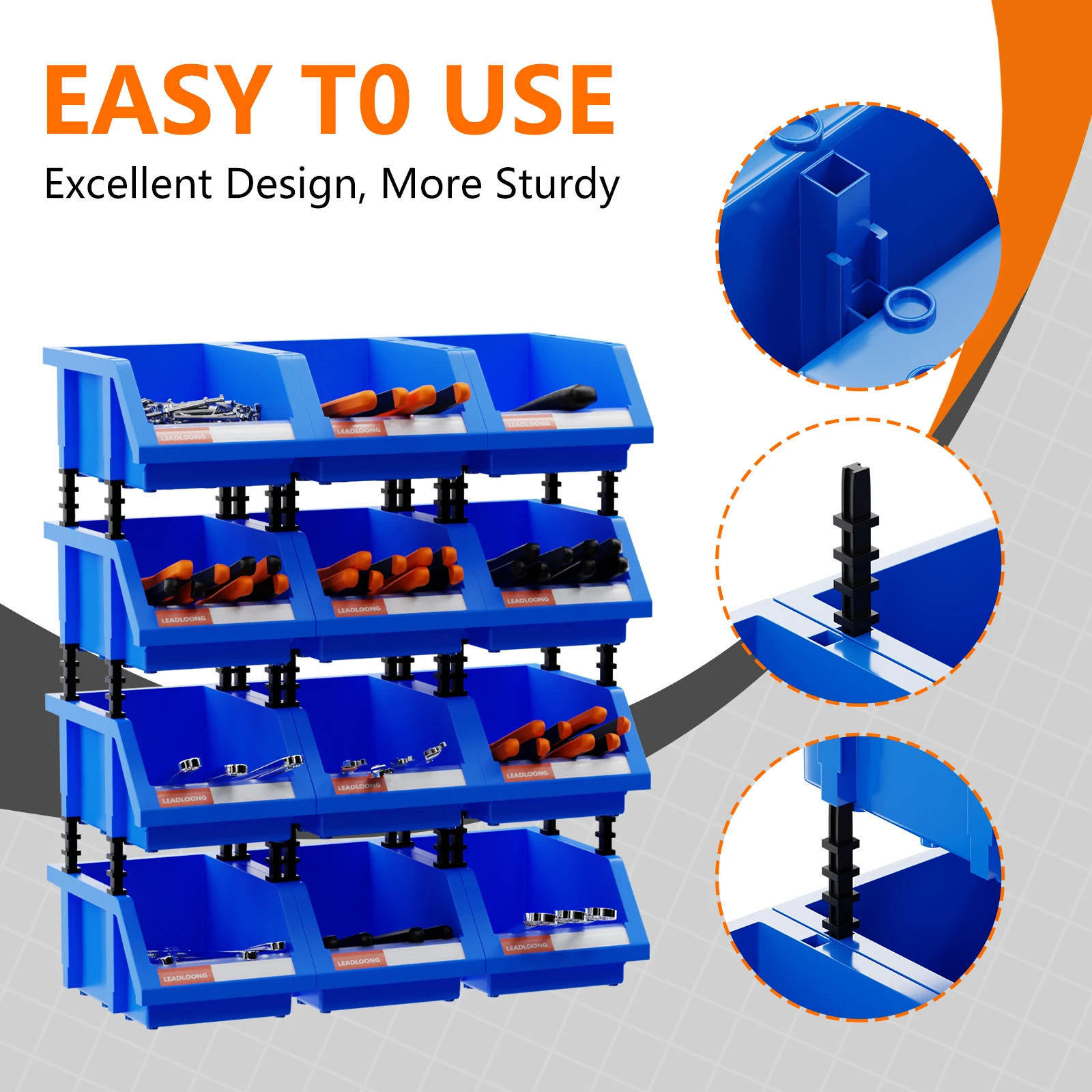 LEADLOONG 12pcs Plastic Stackable Storage Bins, Parts Storage Organizer, Garage Storage Bins, Small Parts Container, 180*120*80M