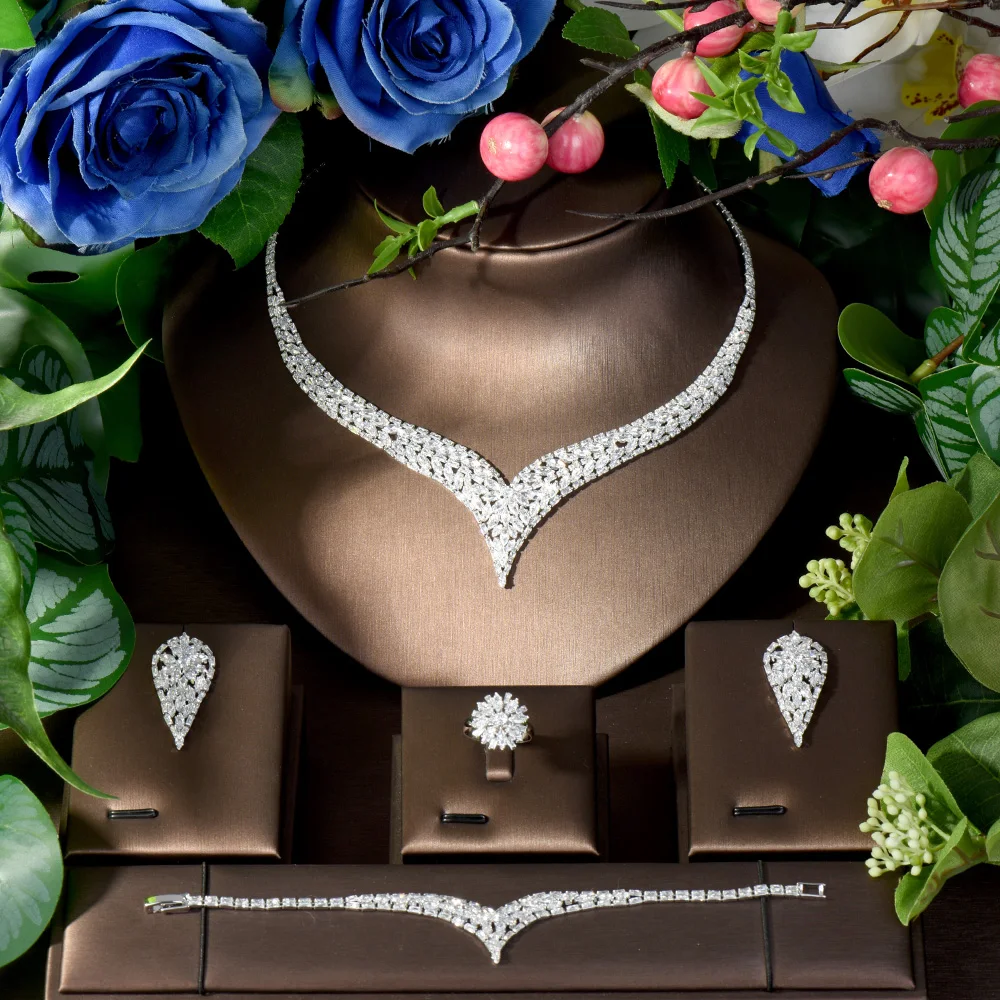 HIBRIDE Geometric Zircon Luxury Indian Nigeria CZ Crystal Wedding Bridal Jewelry Set Big Necklace For Women Engagement  S-201