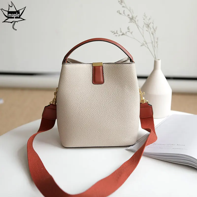 Vintage Panelled 2 Strap Shoulder Bag Thick 100% Real Leather Women Bucket Hand Bag Fashion Brand Quality A+ Women Crossbody Bag