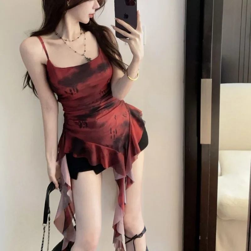 Camis Tops Women Ruffle Asymmetrical Print Slim Slender Summer Vintage Korean Fashion Hot Girls Design Chic Street New Casual