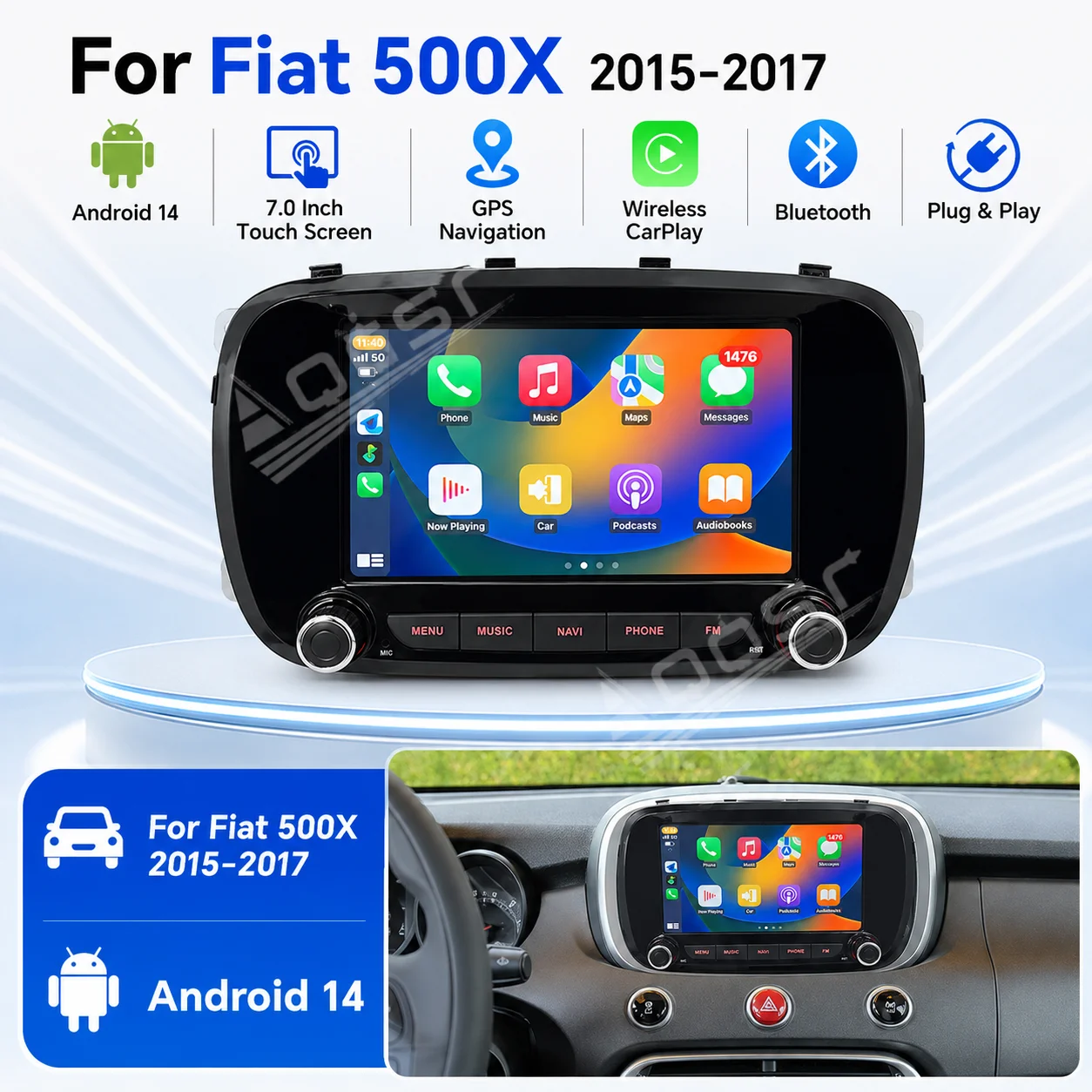 Android 14 7.0 Inch Touch Screen Car Radio GPS Navigation Stereo Head Unit Pad for Fiat 500X 2015-2017 Car Accessories Panel