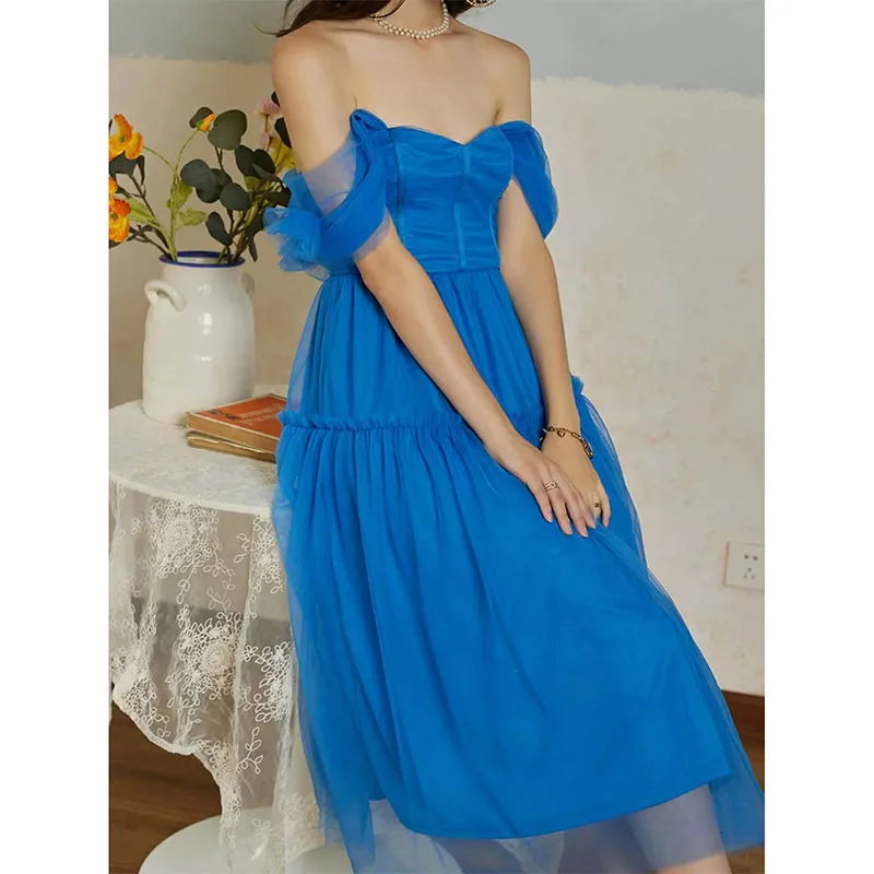 Classy Blue Off Shoulder Evening Dresses Backless Party Dress Prom Dress Special Occasion Dress Tea-Length Bridesmaid Dress