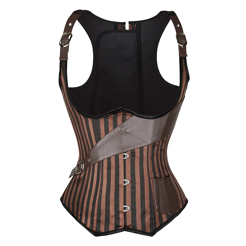 Brown Stripe Steel Boned Underbust Corset Vest Waist Trainer Bustier Corselet Basques Body Shapewear