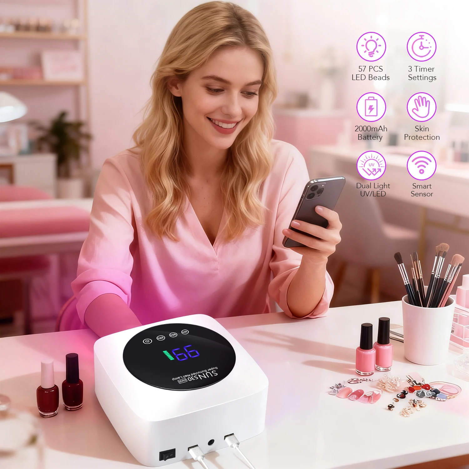 DianaBeauty UV LED Nail Lamp مجفف أظافر لاسلكي قابل لإعادة الشحن مع 3 إعدادات للمؤقت ومصباح الأشعة فوق البنفسجية بشاشة LCD كبيرة للأظافر