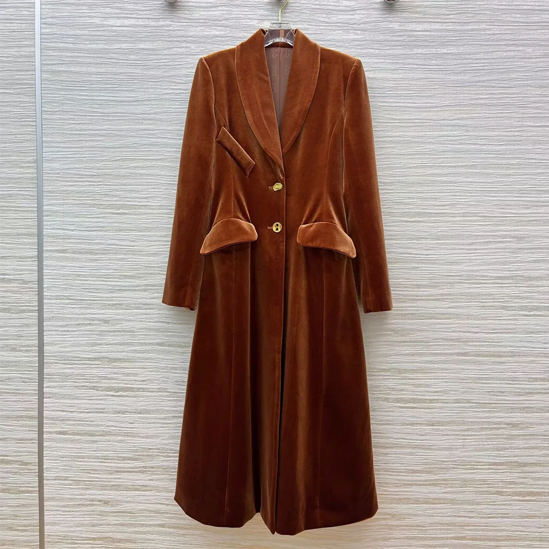 

High Quality New Autumn Winter Brown Velvet Long Trench Coat Women Lapel Long Sleeve Gold Buttons Back Chains Vintage Overcoat