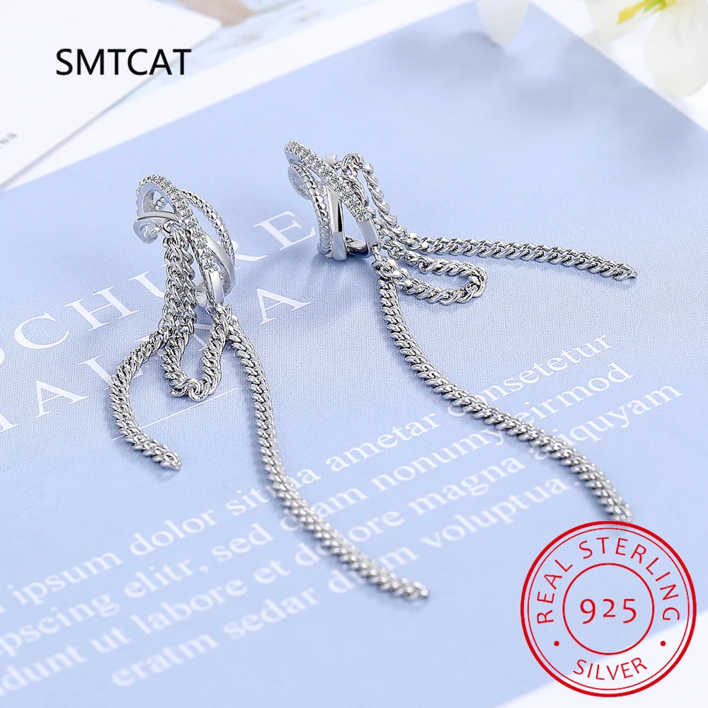 925 Sterling Silver Multilayer Cross Tassel Chain Ear Cuff Clip on Earrings For Women Girl Without Piercing Earings Jewelry