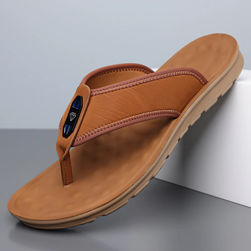 2026 New Fashion Sandals Mens Pu Leather Slippers Flat Bottom Beach Sandals Summers Comfortable Breathable Ankle Wrap Flip Flops